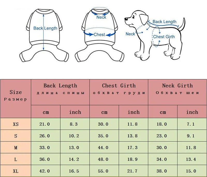 Doggy Puffer Vest - measurement chart