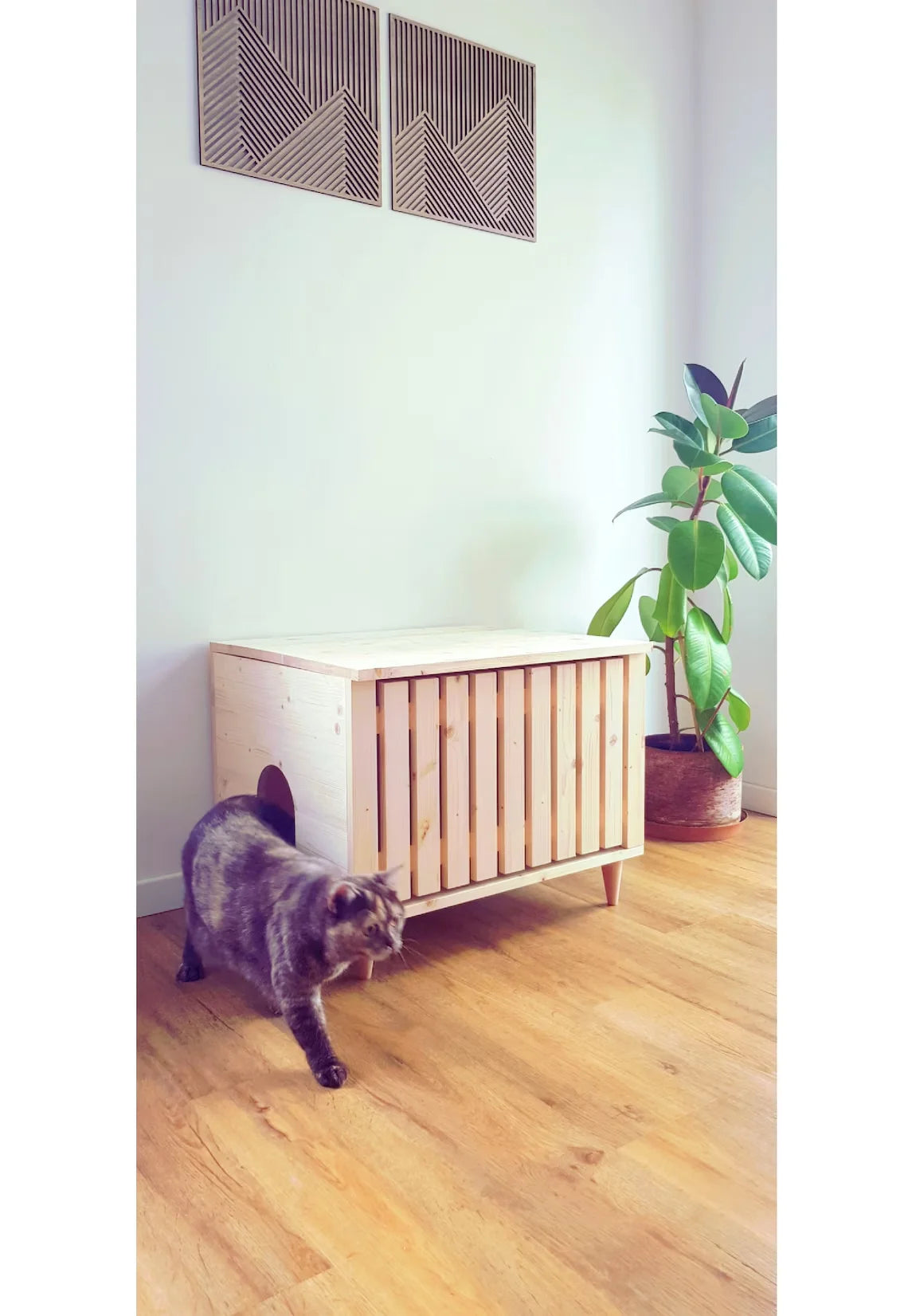 Mid Kitty Litter Box Cabinet door - cat exiting