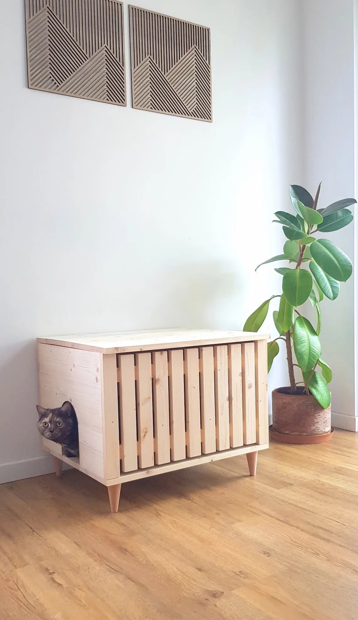 Mid Kitty Litter Box Cabinet door - cat inside